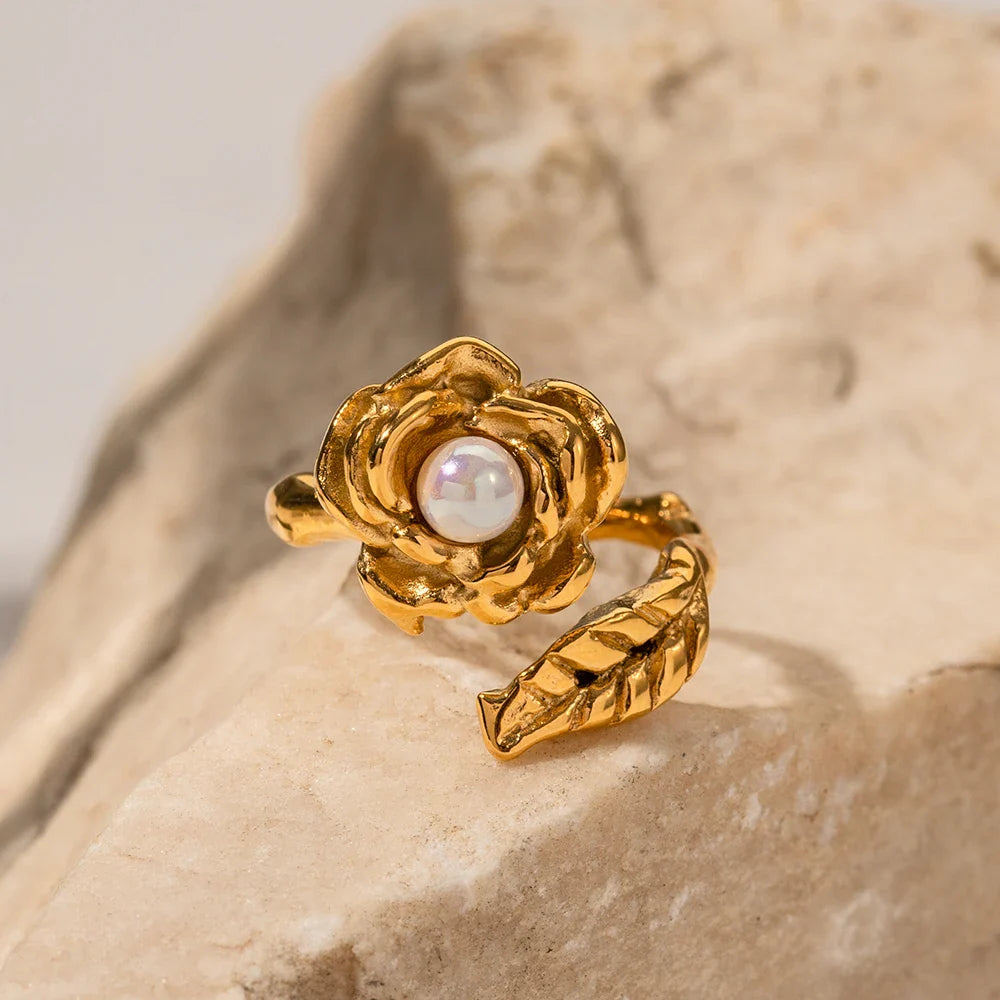 Adjustable Pearl Camellia Flower Ring