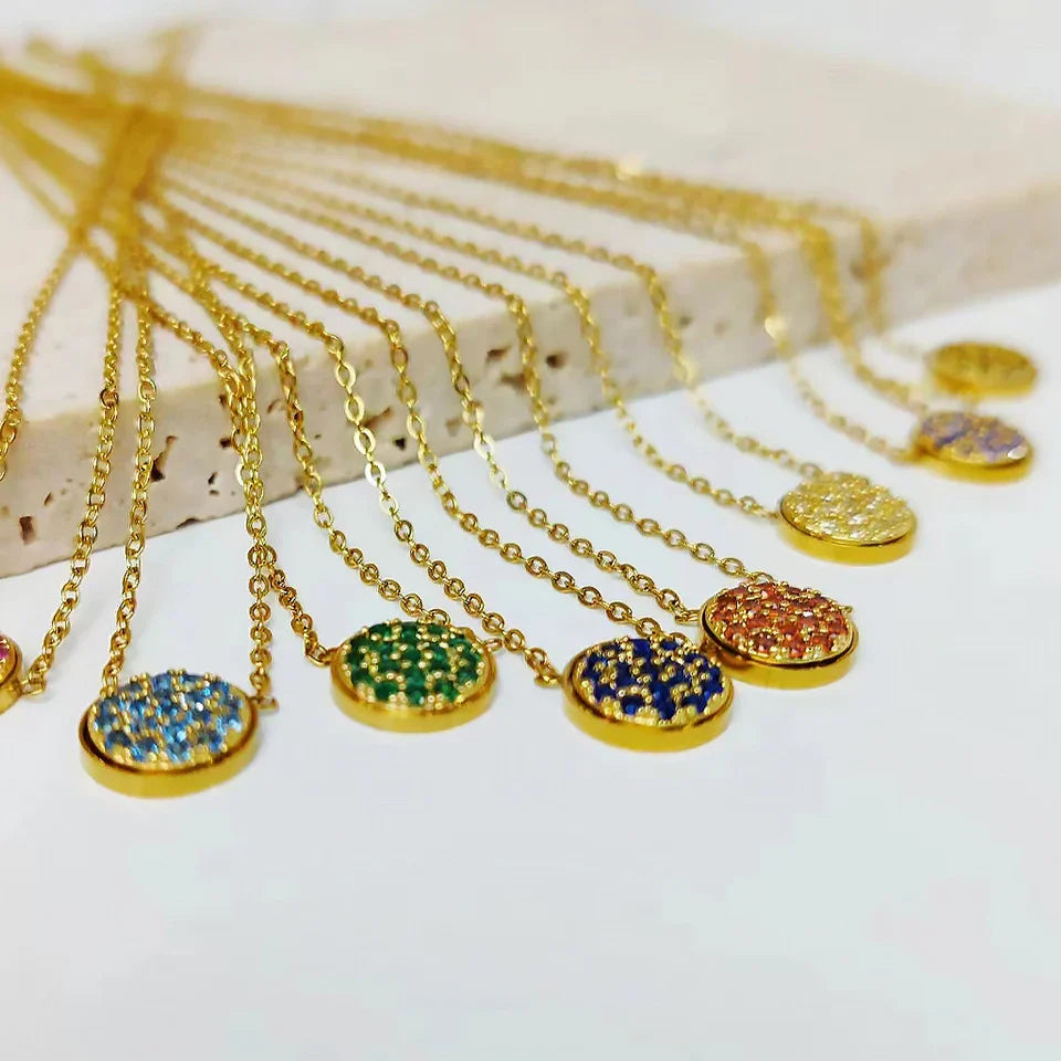 Dainty Diamond Speckled Birthstone Circle Necklace