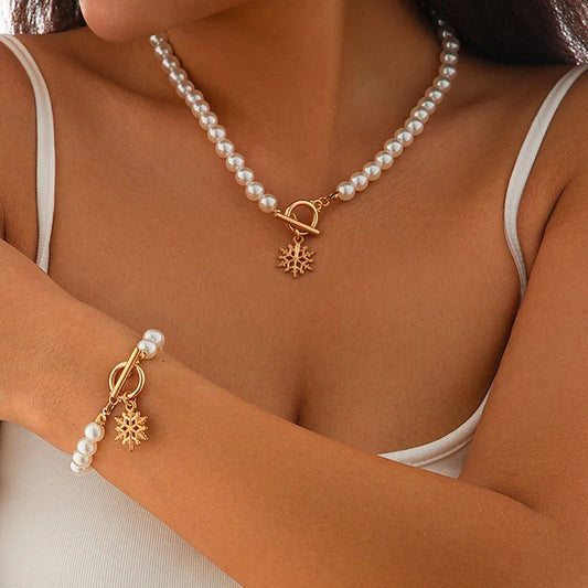 Beaded Pearl Snowflake Bracelet and Necklace Set