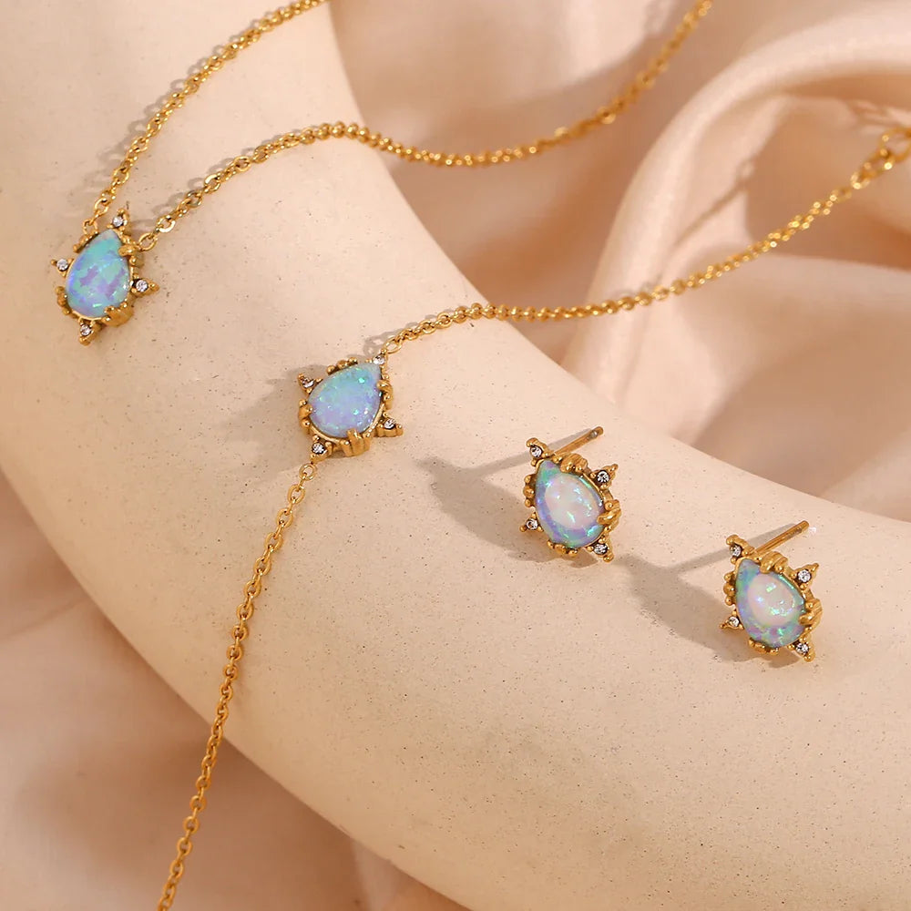 Dainty Iridescent Opal Necklace, Bracelet, Earrings