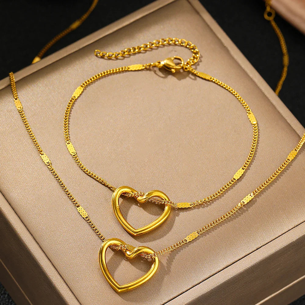 Romantic Heart Woven Necklace and Bracelet Set