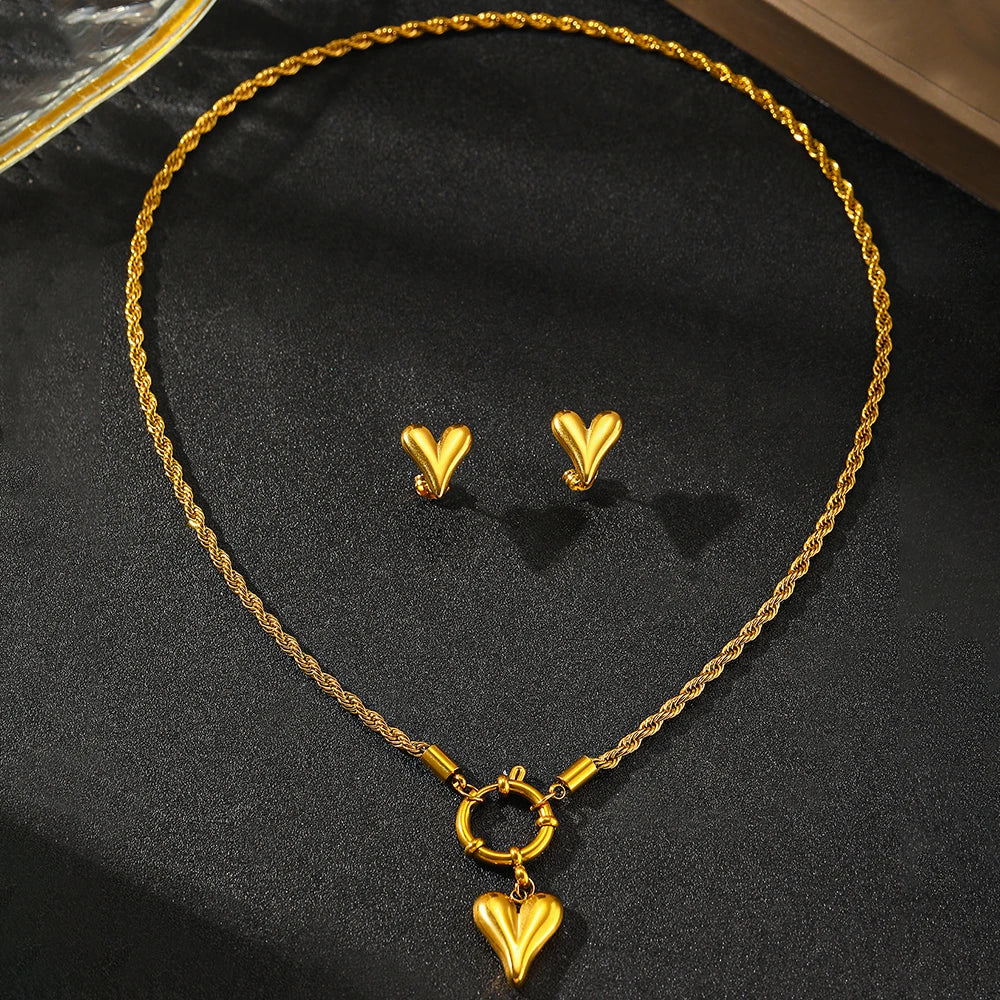 Rope Chain Anchor Clasp Heart Necklace and Earring Set