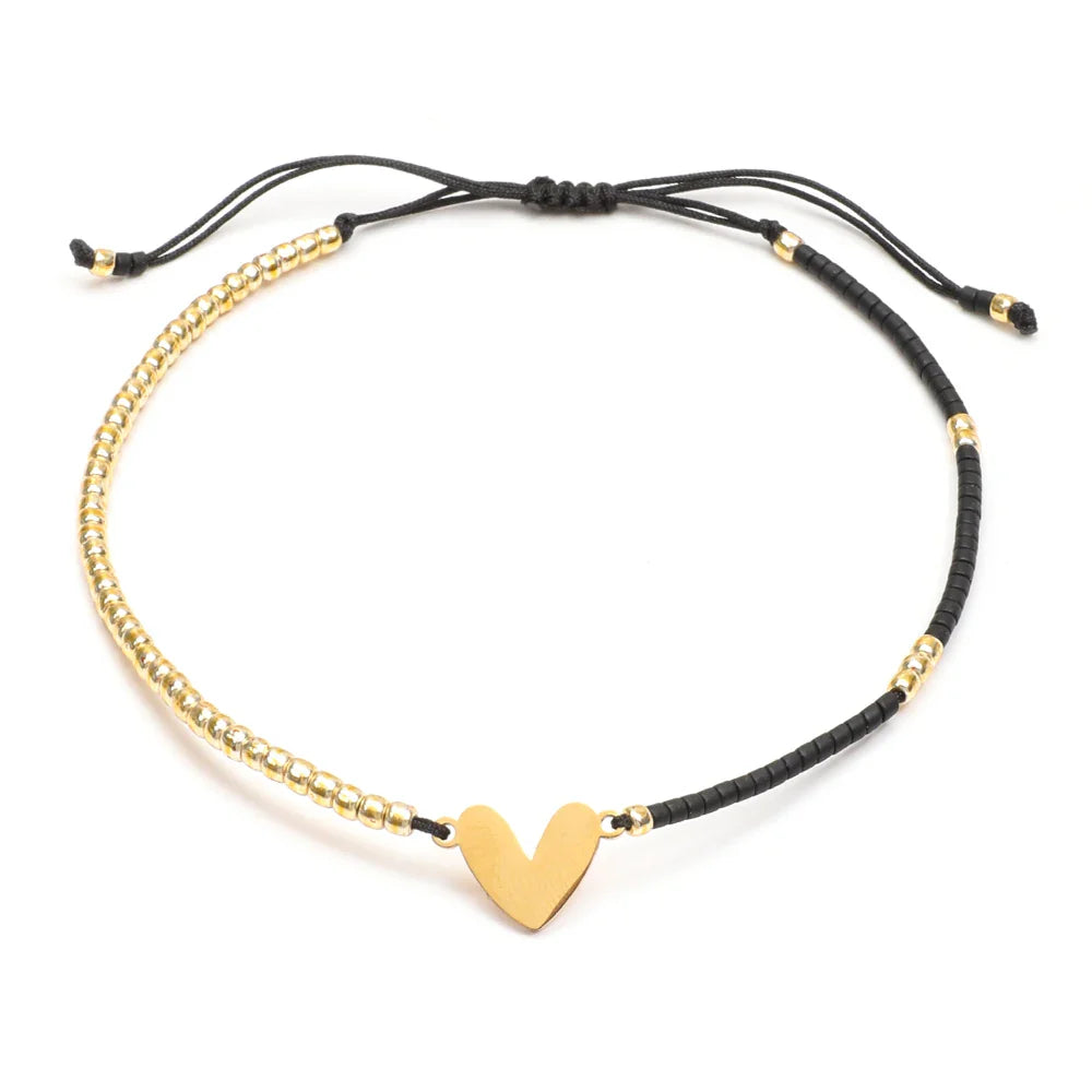 Adjustable Dainty Beaded Flat Heart Bracelet