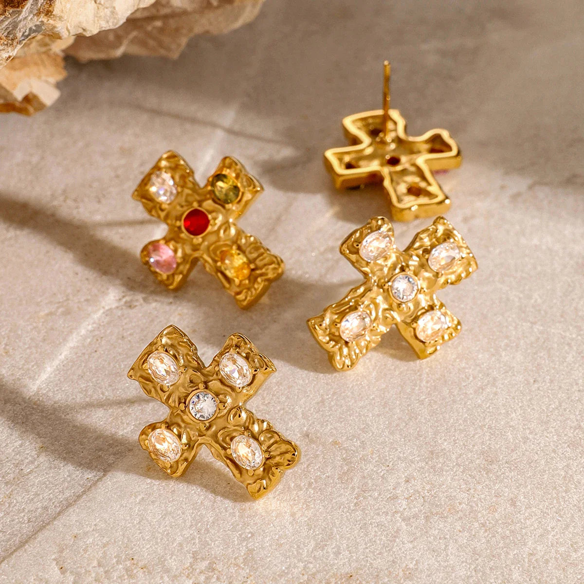 18k Textured Oval Diamond Cross Earrings