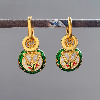 Dainty Butterfly Floral Disc Golden Huggie Hoop Earrings