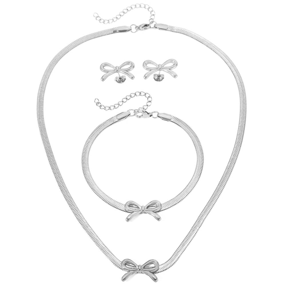 Feminine Bow Herringbone Chain Necklace, Bracelet, and Earring Set