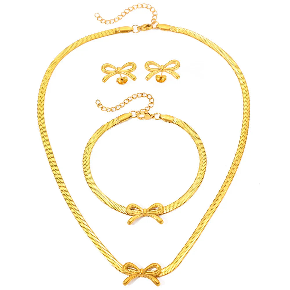 Feminine Bow Herringbone Chain Necklace, Bracelet, and Earring Set