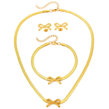 Feminine Bow Herringbone Chain Necklace, Bracelet, and Earring Set