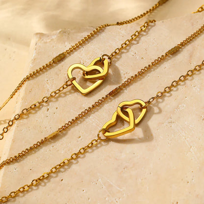 Dainty Curb & Chain Link Dual Heart Necklace and Bracelet Set