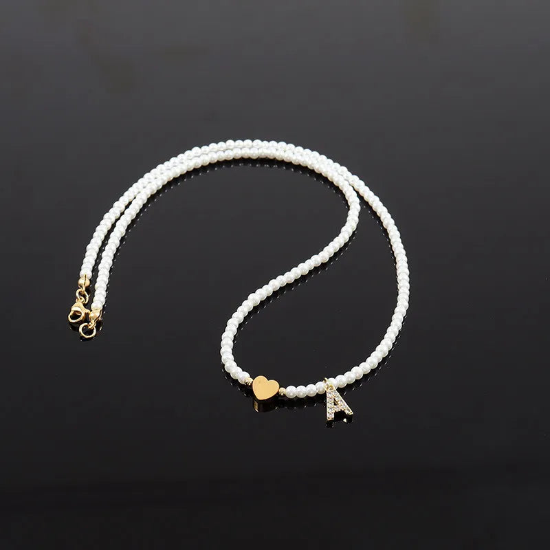 Dainty Beaded Heart Initial Necklace