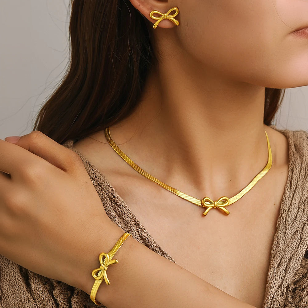 Feminine Bow Herringbone Chain Necklace, Bracelet, and Earring Set