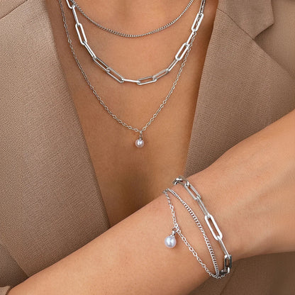 Paperclip & Curb Chain Dainty Pearl Bracelet and Necklace Stack Set