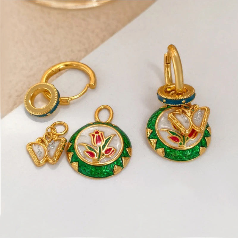 Dainty Butterfly Floral Disc Golden Huggie Hoop Earrings