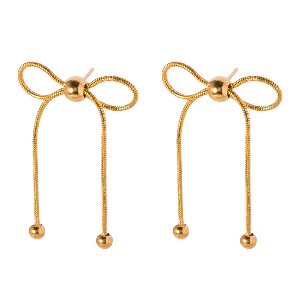 18k Dainty Feminine Chain Bow Earrings