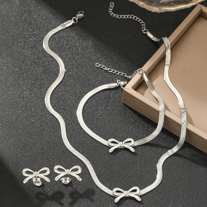 Feminine Bow Herringbone Chain Necklace, Bracelet, and Earring Set