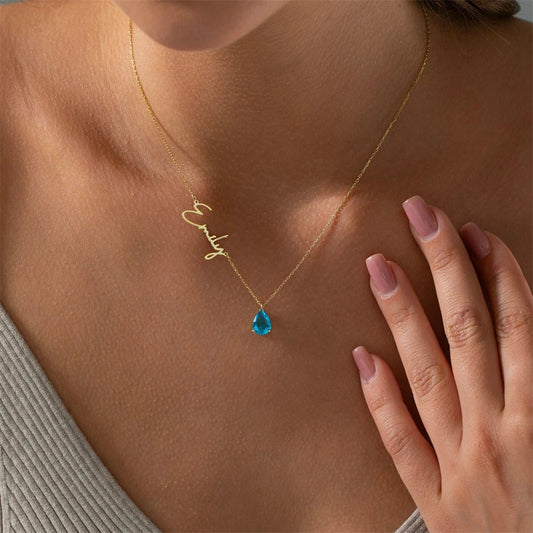 Dainty Name & Teardrop Birthstone Necklace