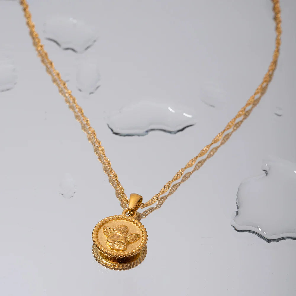 18k Dainty Textured Angel Pendant Necklace