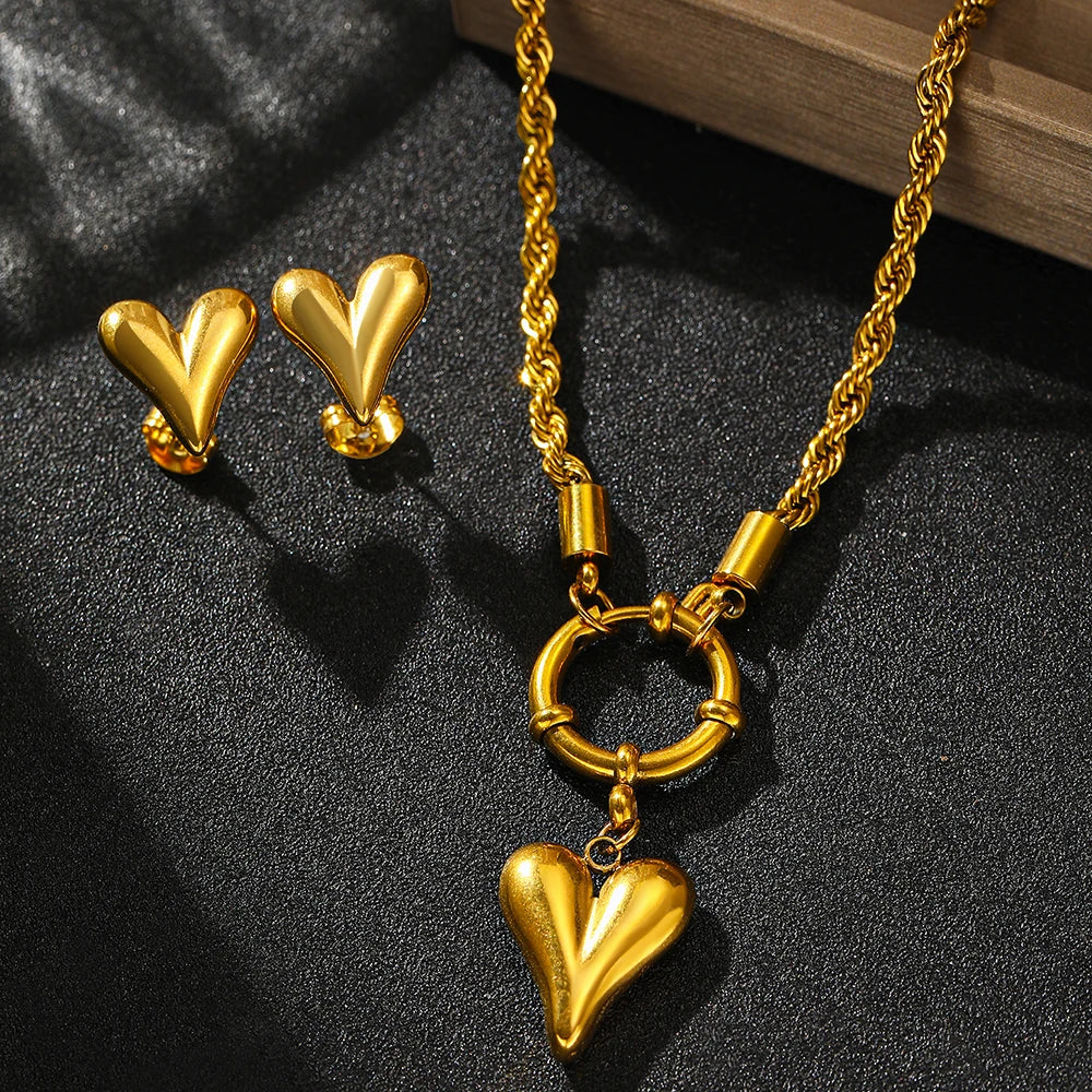 Rope Chain Anchor Clasp Heart Necklace and Earring Set