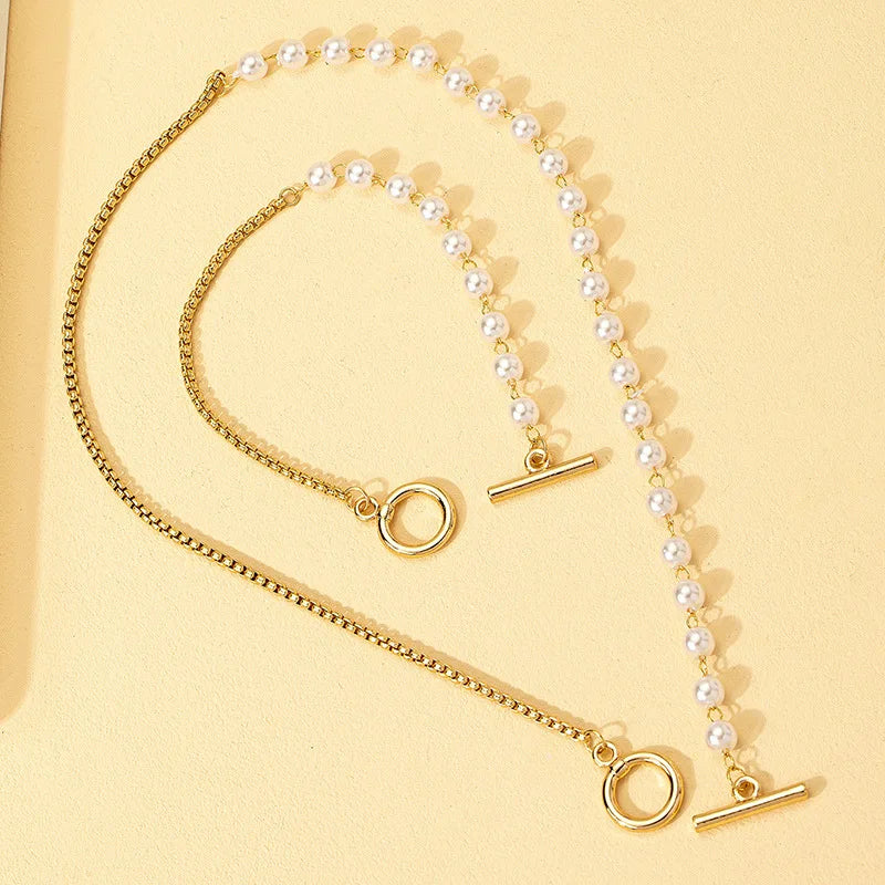 Chain & Pearl Circle Clasp Bracelet and Necklace Set