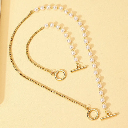 Chain & Pearl Circle Clasp Bracelet and Necklace Set