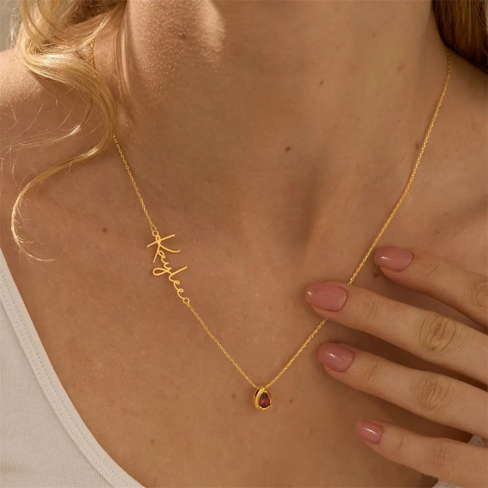 Dainty Name & Teardrop Birthstone Necklace
