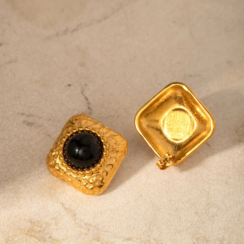 Hammered Square Onyx Earrings