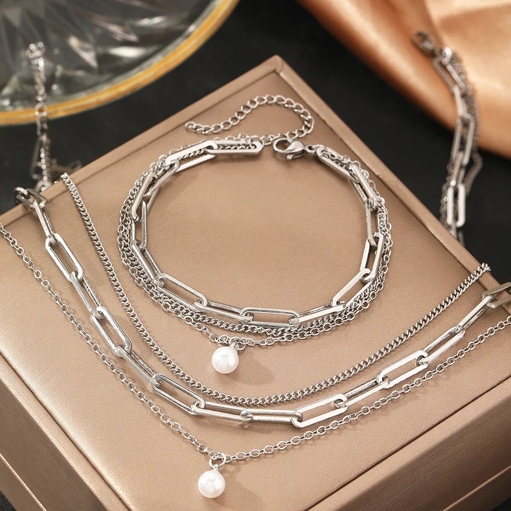Paperclip & Curb Chain Dainty Pearl Bracelet and Necklace Stack Set