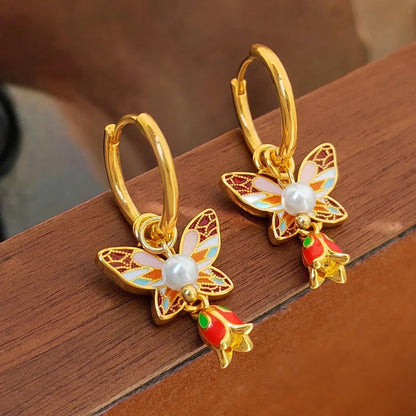 Pastel Dainty Butterfly & Pearl Hoop Earrings