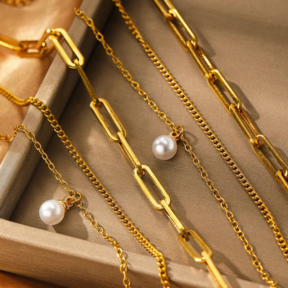 Paperclip & Curb Chain Dainty Pearl Bracelet and Necklace Stack Set