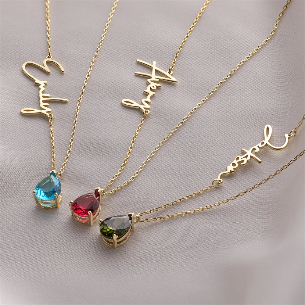 Dainty Name & Teardrop Birthstone Necklace