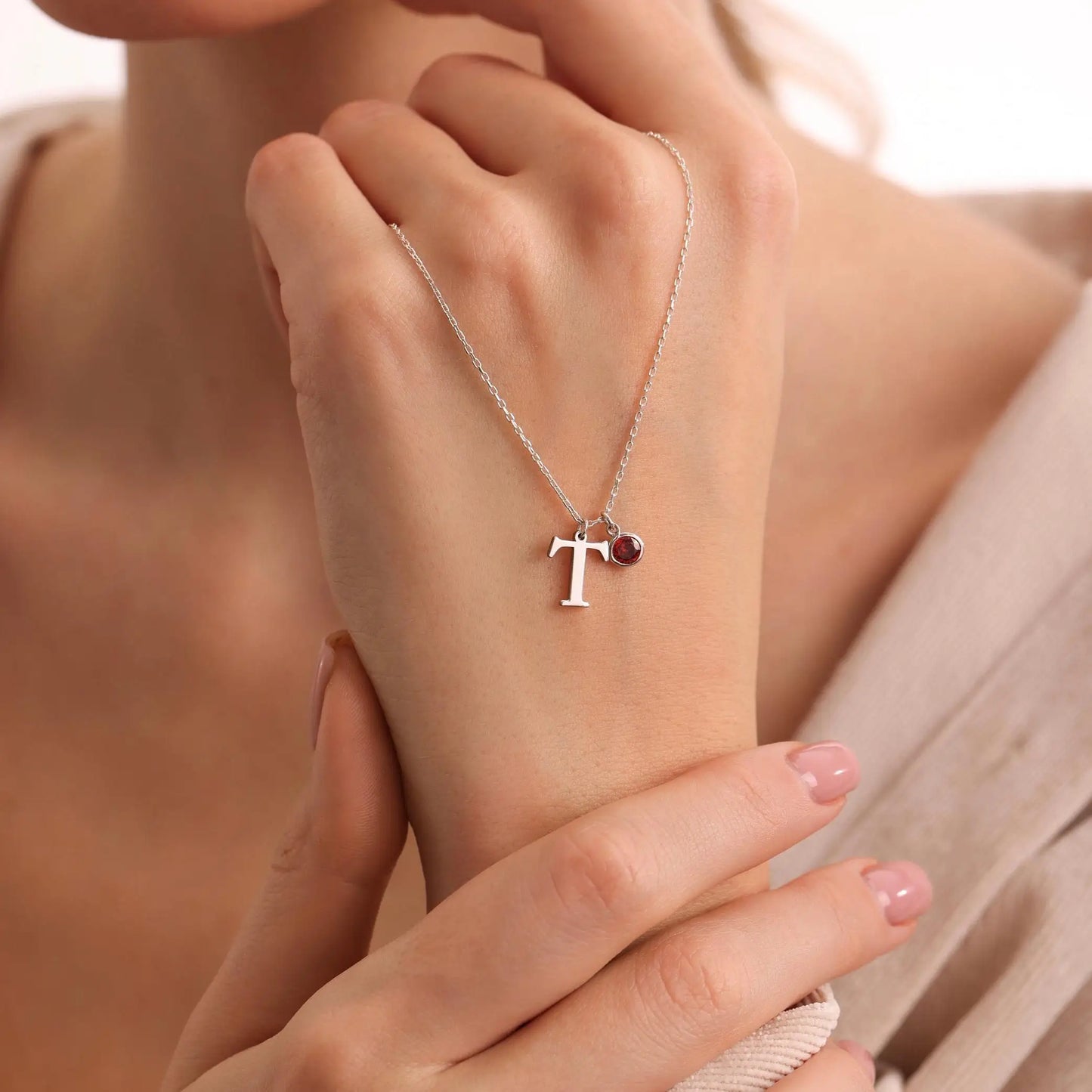 Dainty Serif Initial & Birthstone Necklace