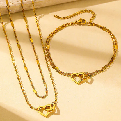 Dainty Curb & Chain Link Dual Heart Necklace and Bracelet Set