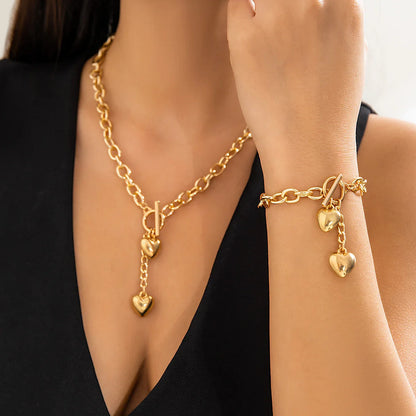 Bold Chunky Chain Link Dual Heart Lariat Necklace & Bracelet