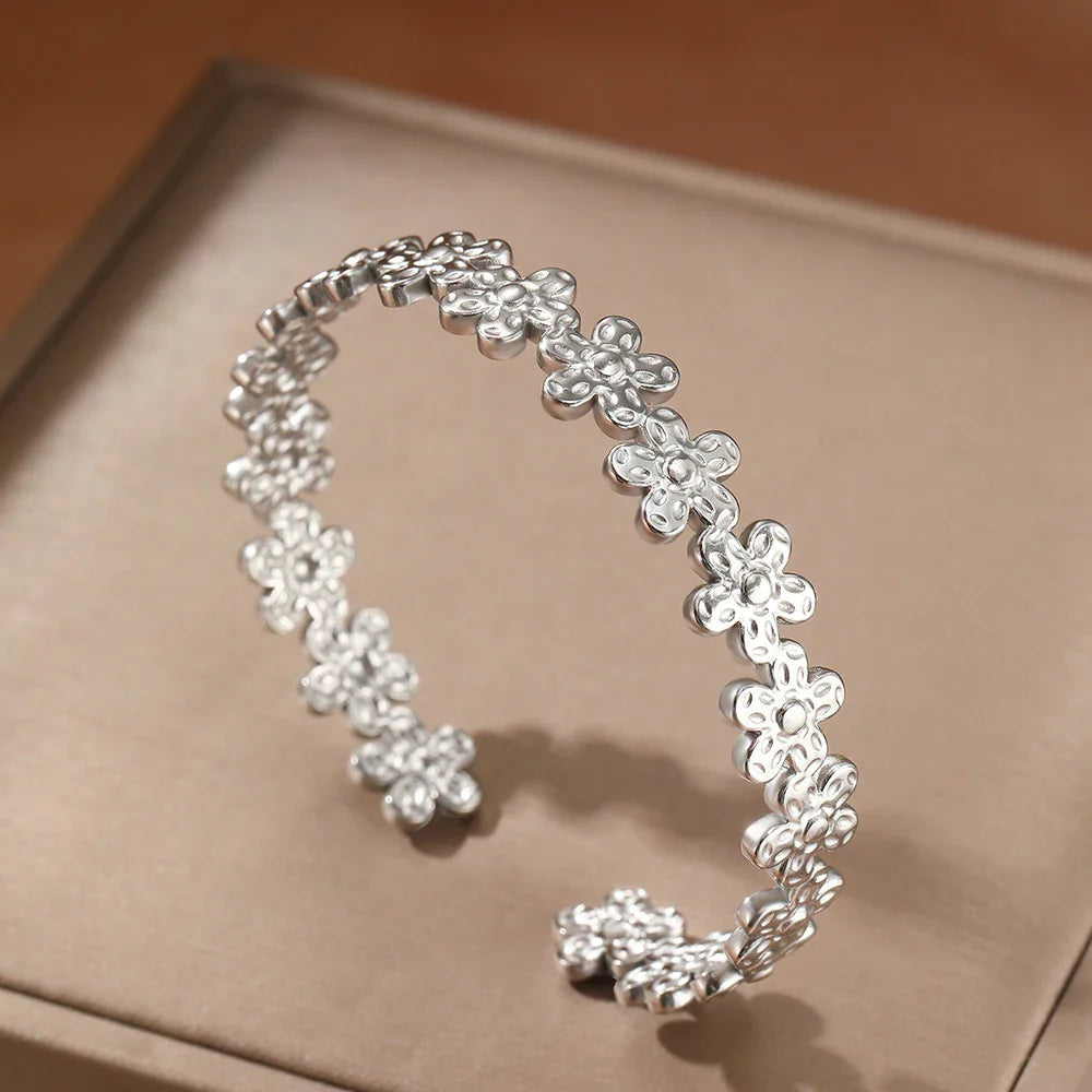 Textured Floral Bangle Cuff Bracelet