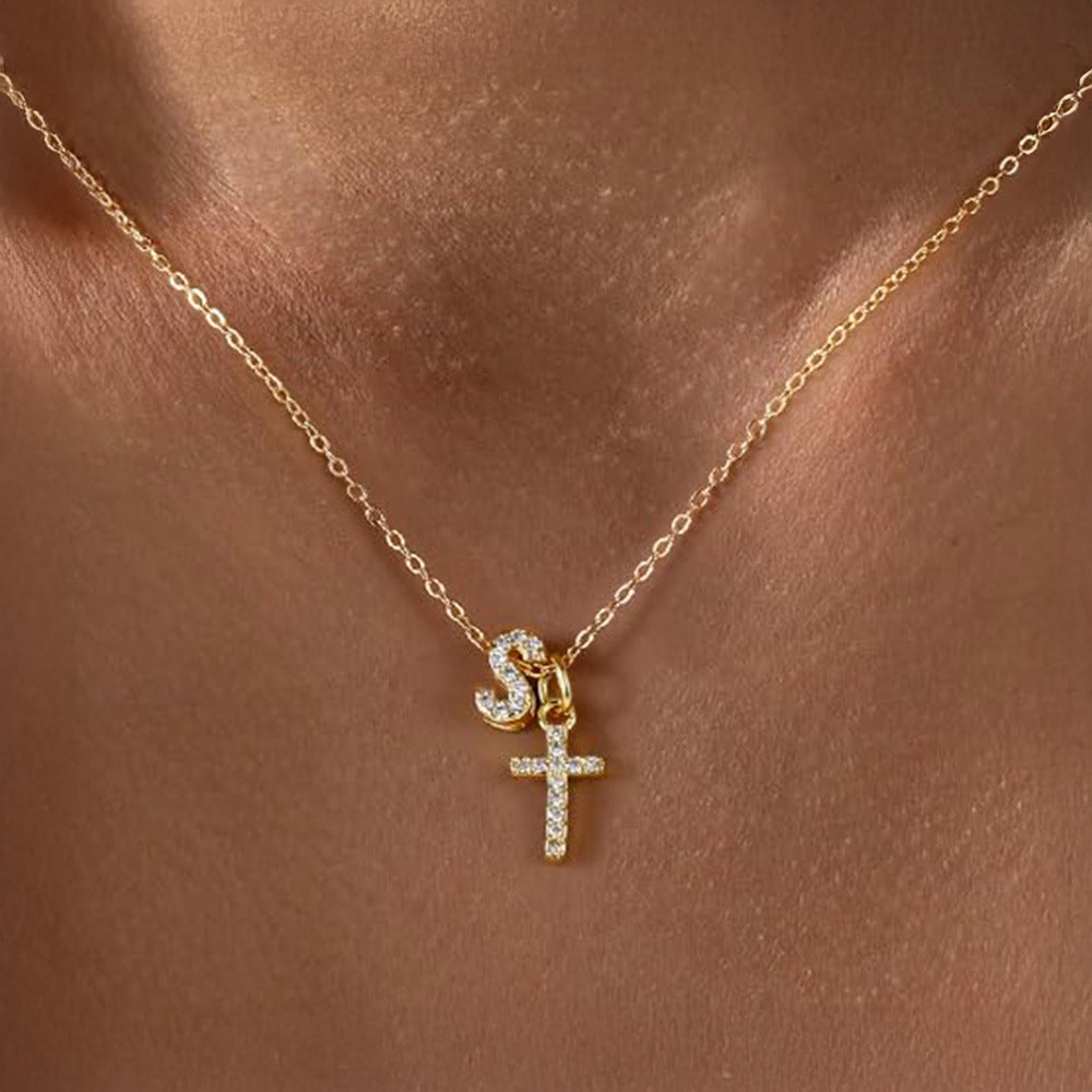 Dainty Diamond Initial & Cross Necklace