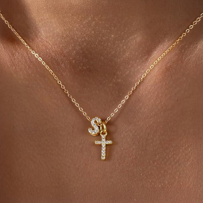 Dainty Diamond Initial & Cross Necklace