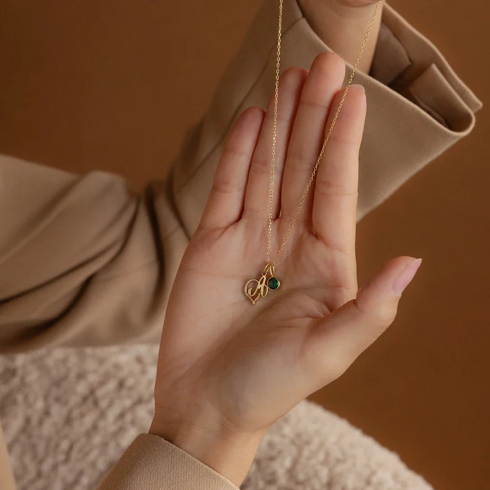 Dainty Cursive Heart Birthstone Letter Initial Necklace