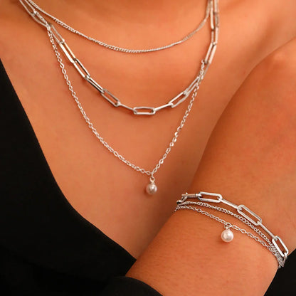 Paperclip & Curb Chain Dainty Pearl Bracelet and Necklace Stack Set