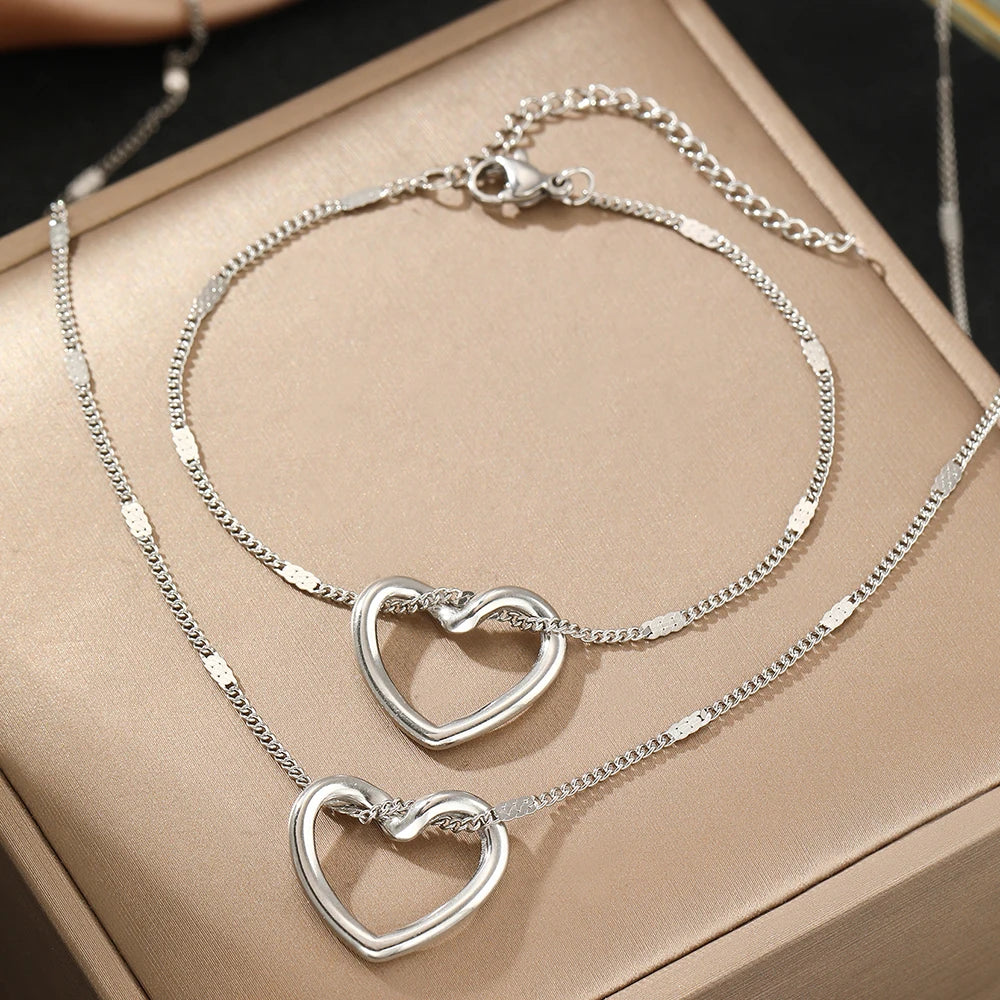 Romantic Heart Woven Necklace and Bracelet Set