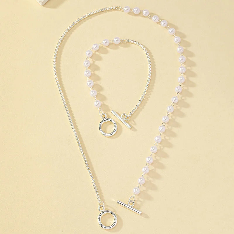 Chain & Pearl Circle Clasp Bracelet and Necklace Set