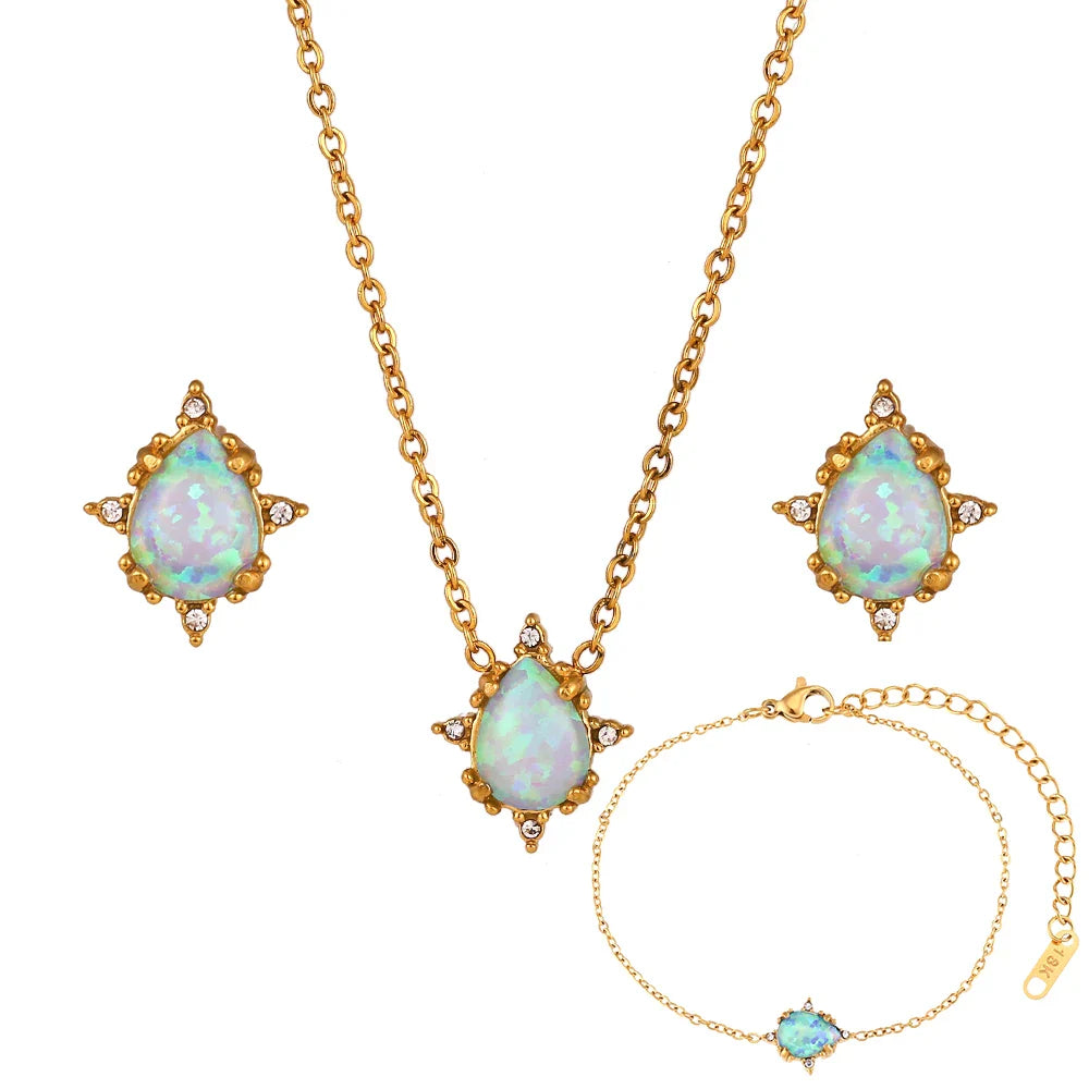 Dainty Iridescent Opal Necklace, Bracelet, Earrings