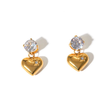 18k Dainty Diamond Heart Dangle Earrings