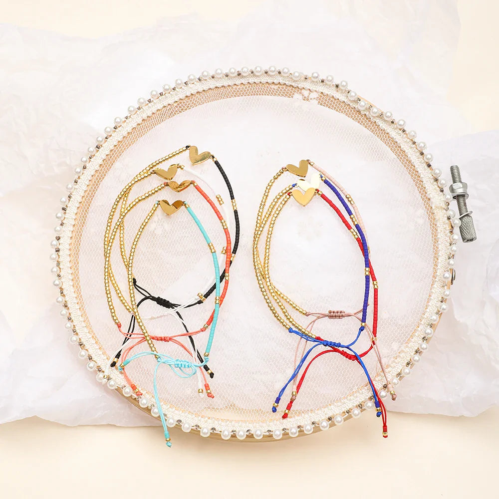 Adjustable Dainty Beaded Flat Heart Bracelet