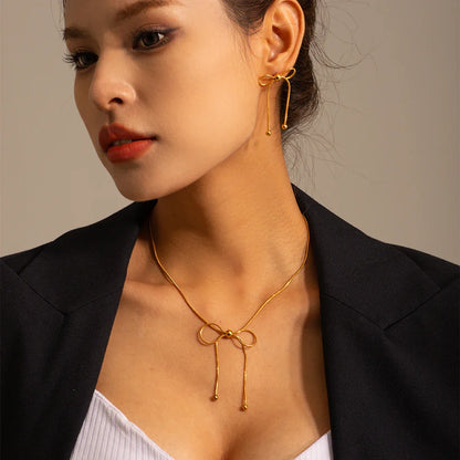 18k Dainty Feminine Chain Bow Earrings