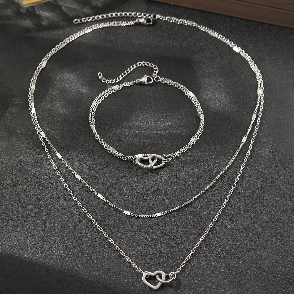 Dainty Curb & Chain Link Dual Heart Necklace and Bracelet Set