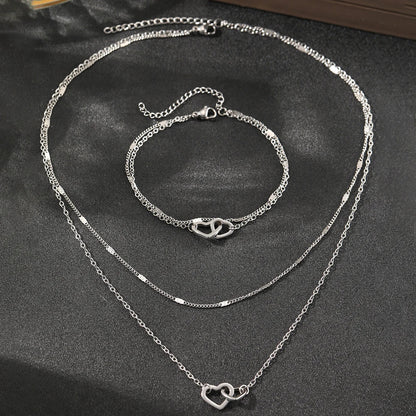 Dainty Curb & Chain Link Dual Heart Necklace and Bracelet Set