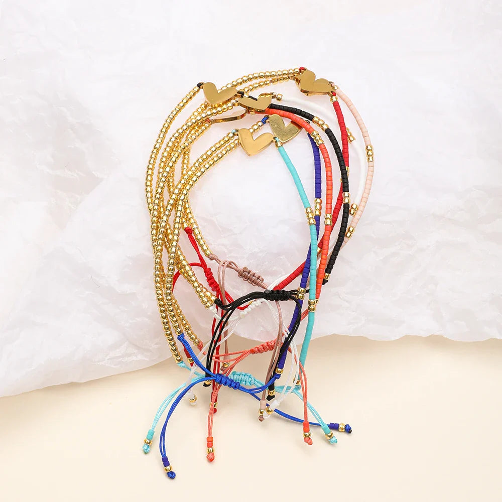 Adjustable Dainty Beaded Flat Heart Bracelet