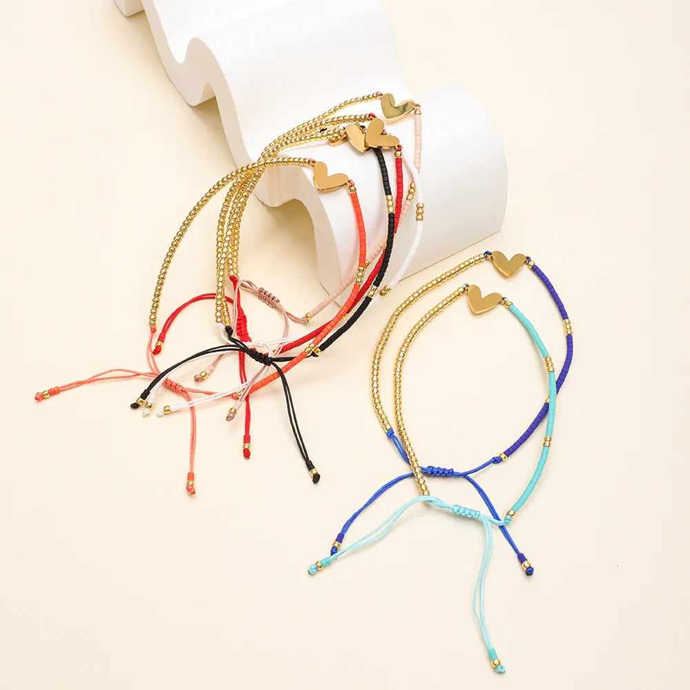 Adjustable Dainty Beaded Flat Heart Bracelet