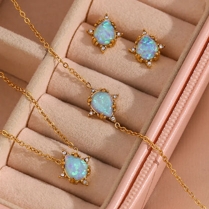 Dainty Iridescent Opal Necklace, Bracelet, Earrings