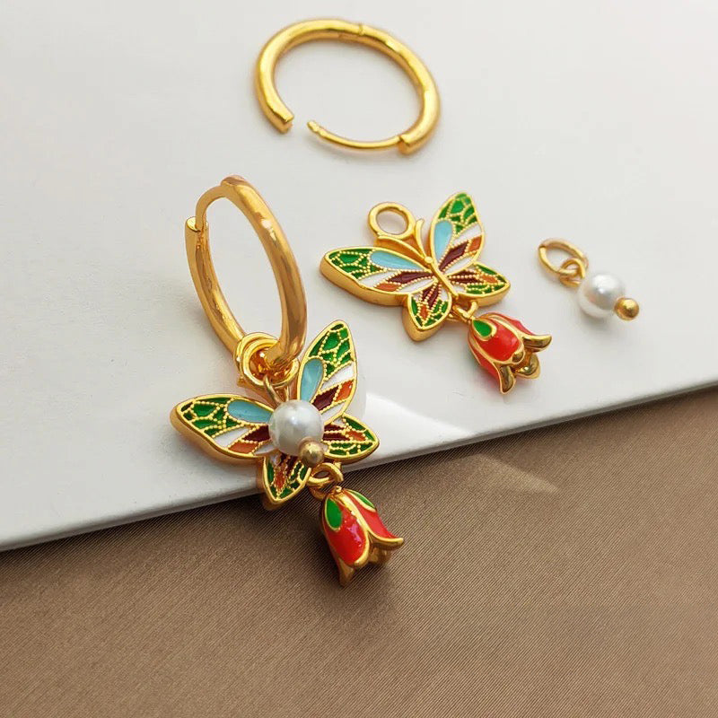 Pastel Dainty Butterfly & Pearl Hoop Earrings